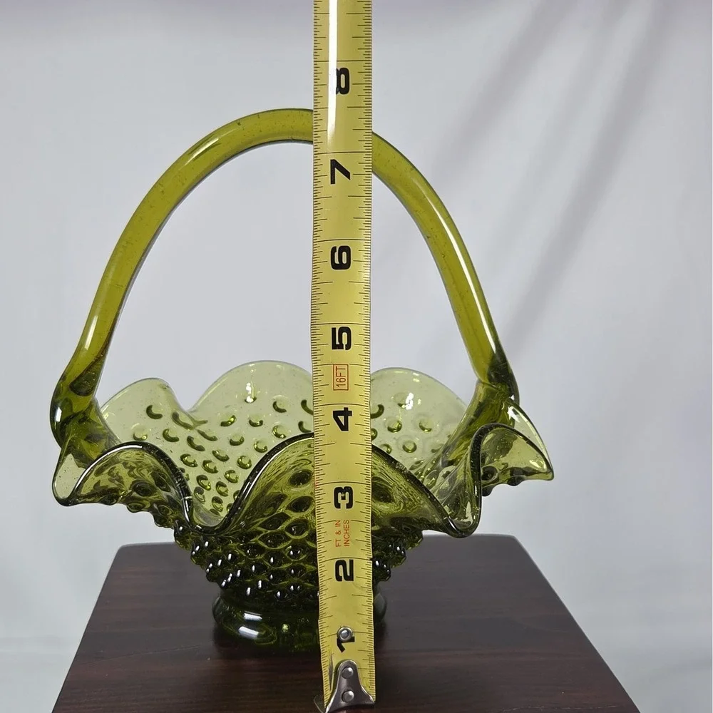 Vintage Fenton Hobnail Ruffle Glass Basket Green